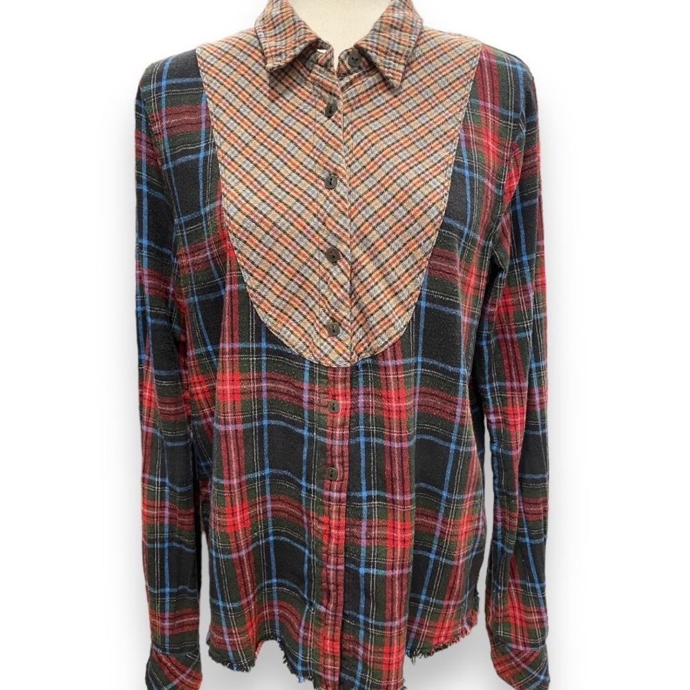 We The Free Mixed Media Plaid Flannel Button Down, distressed, fringe hem